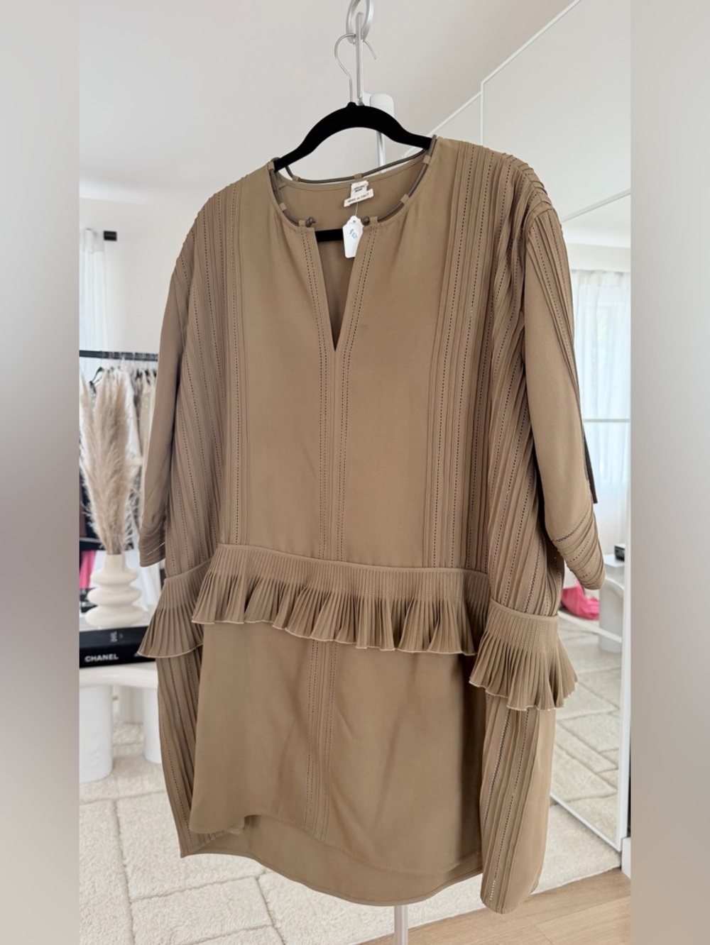 Hermes Taupe/Brown Pleated Ruffle Detail Tunic Top